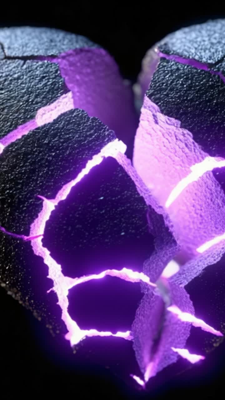 Un cuore in frantumi illuminato da una luce viola brillante: un simbolo di emozione e tumulto racchiuso in una texture scura e una superficie crepata, che cattura intensità e profondità.