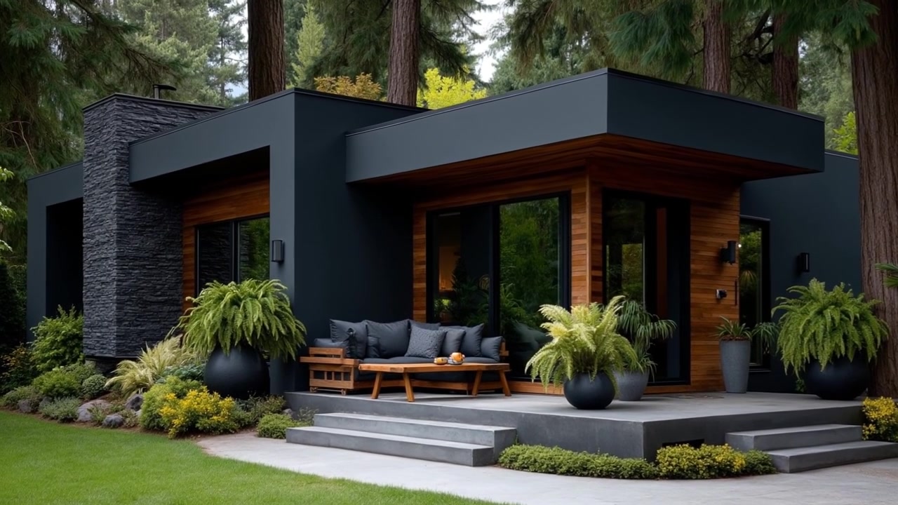 Casa negra contemporánea con detalles de madera y un patio exterior enclavada en un denso bosque de pinos