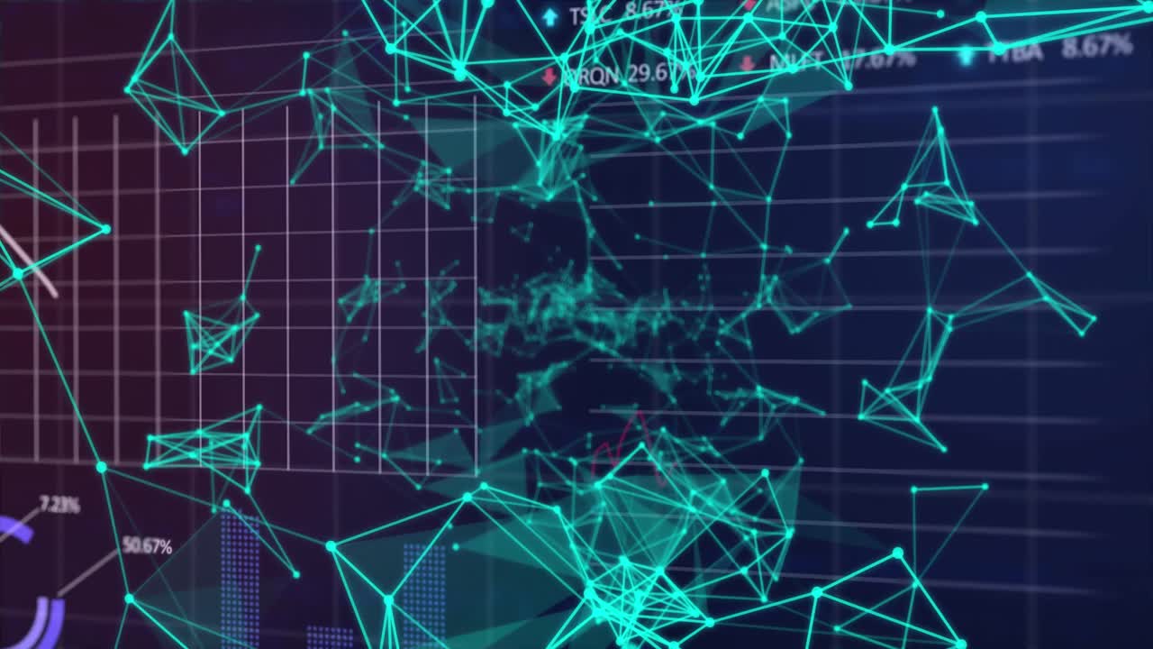 Animation of financial data processing and networks of connections over black background