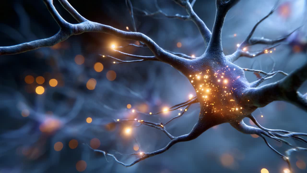 A Stunning Visual Representation of Neurons and Synaptic Connections within a Complex Neural Network Illuminated by Glowing Particles and Colors