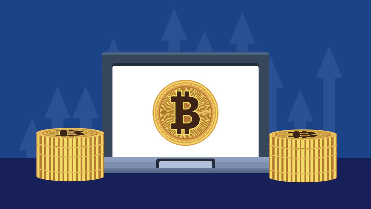 bitcoins en la animación de criptomoneda de la computadora portátil