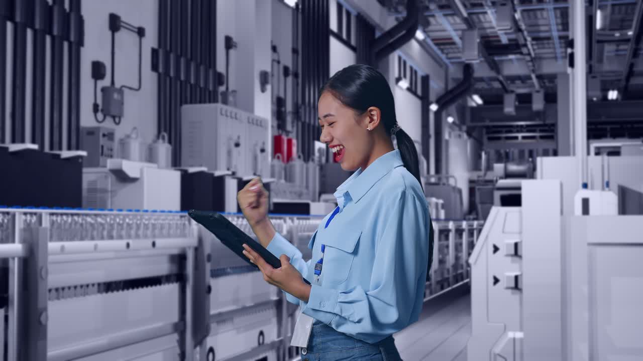 Side View Of Asian Female With Her Tablet With Water Production in Bottling Factory, She Raises Her Fist Up With Screaming Goal After Check On The Tablet