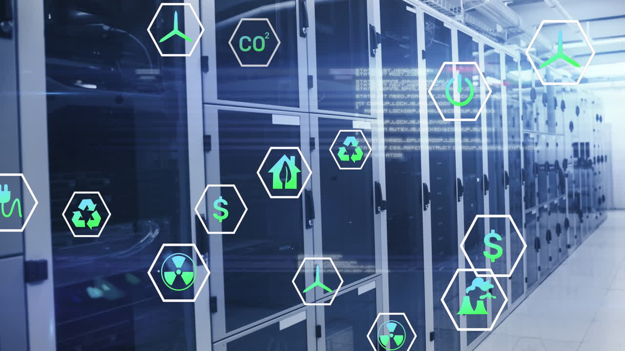 animación de iconos y bengalas de lentes con lenguaje de computadora sobre bastidores de servidores de datos en la sala de servidores