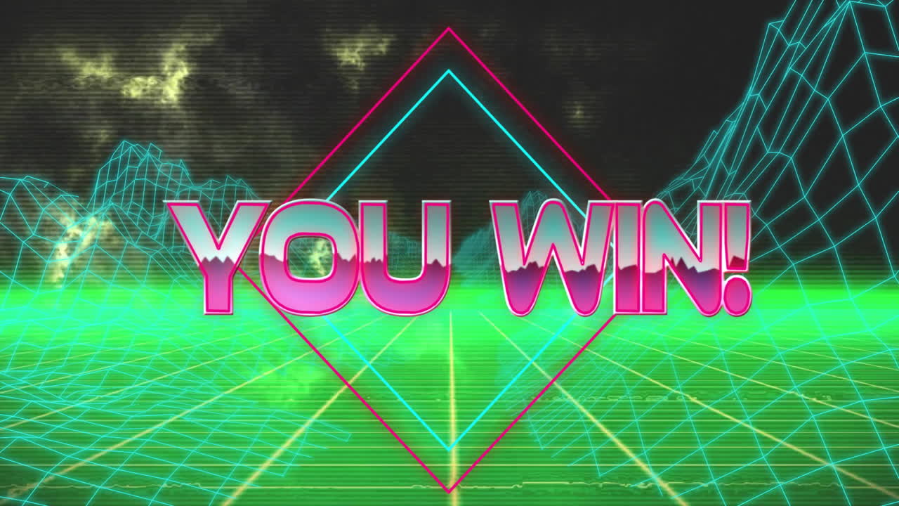 You win! text animation over neon grid landscape with geometric shapes