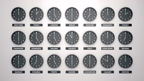 many round clocks are going and showing different time for different cities around the world. white wall behind.