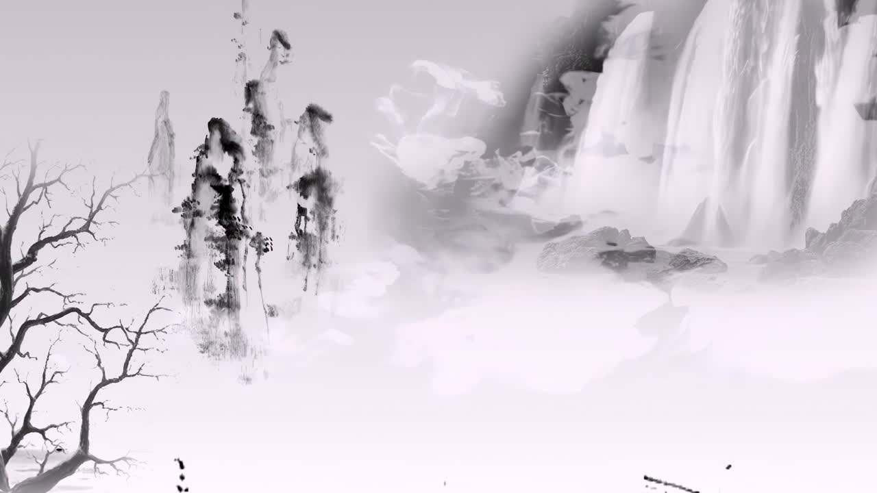 신비로운 풍경: 중국의 전통적인 동양 디지털 예술 애니메이션, 중국 레트로 페인팅 잉크, 꽃, 나무, 새, 흐린 배경의 강