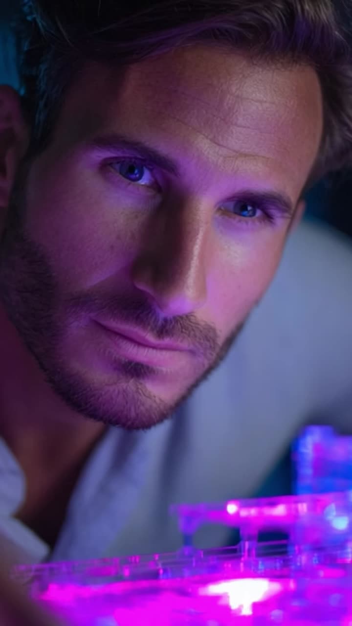 Intense Close-Up of a Concentrated Man Analyzing Colorful Geometric Structures with a Serene Expression in a Dimly Lit Environment