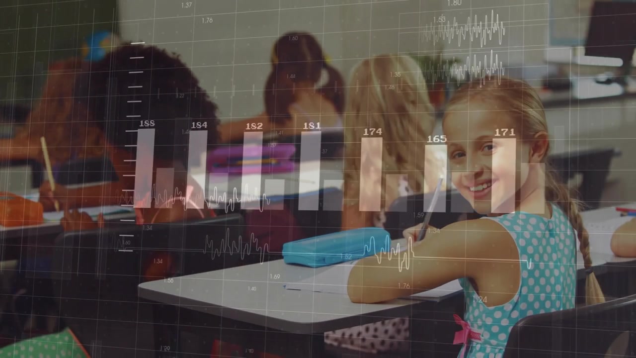 students writing in classroom driving bar charts and line graphs animating behind smiling girl