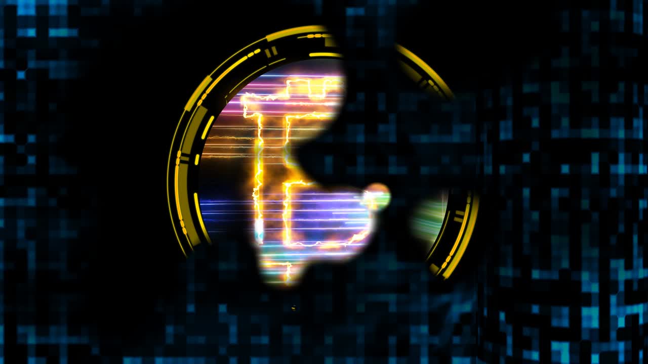 화상 효과 시각화 기술 디지털 표면 배경, 애니메이션 추상적인 파란색 음색 사각형 빛 입자 파형 진동 및 비트코인 디스플레이