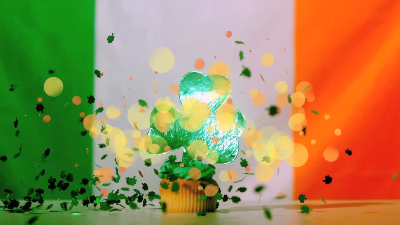 Animazione della bandiera dell'Irlanda su macchie gialle e torta al trifoglio