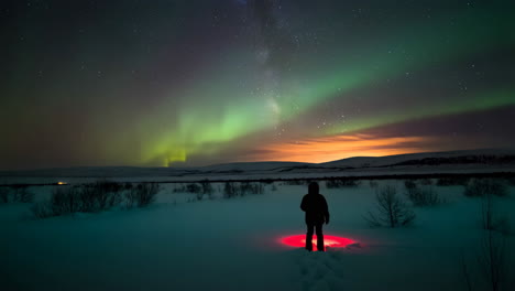 person standing in a snowy landscape observing the aurora borealis