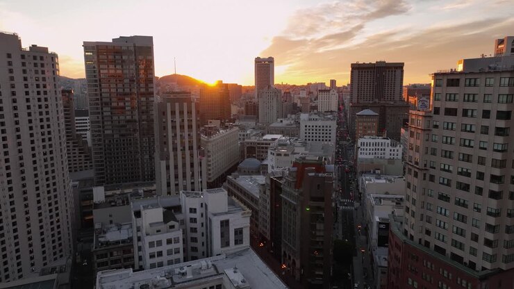 san francisco union square paesaggio urbano skyline all'ora d'oro, aumento aereo