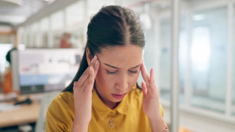 dolor de cabeza, pensando y cansada mujer de negocios