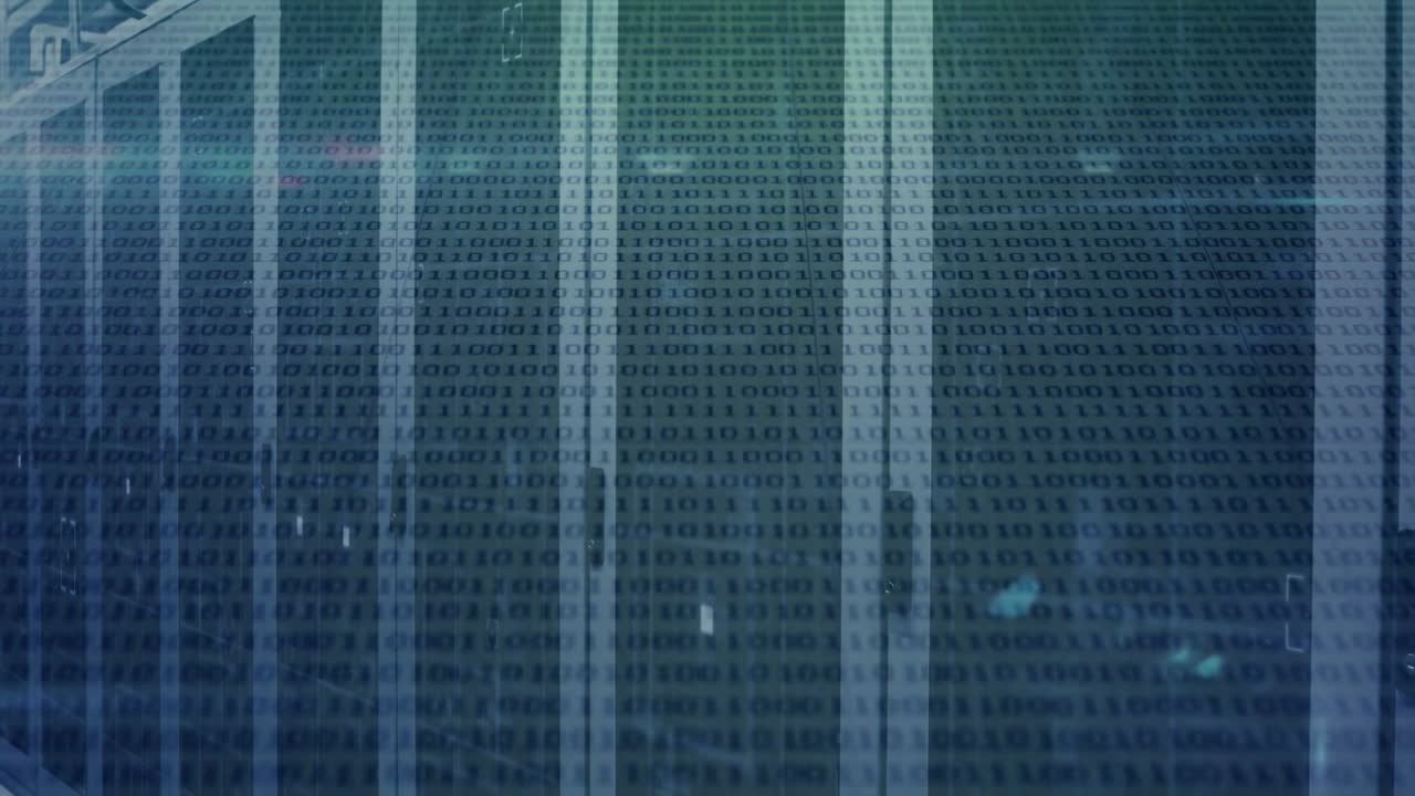 Upon system boot servers streaming binary overlay with lens flare scanning target showing data flow