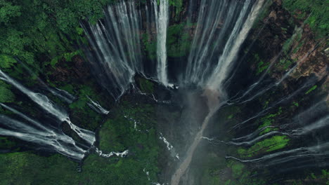 top view of tumpak sewu waterfall surrounded by dense forest