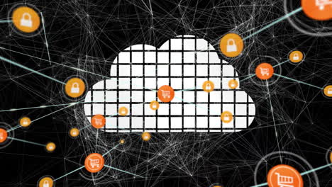 Animation-Von-Cloud-Computing-Und-Sicherheit-über-Miteinander-Verbundene-Netzwerkleitungen