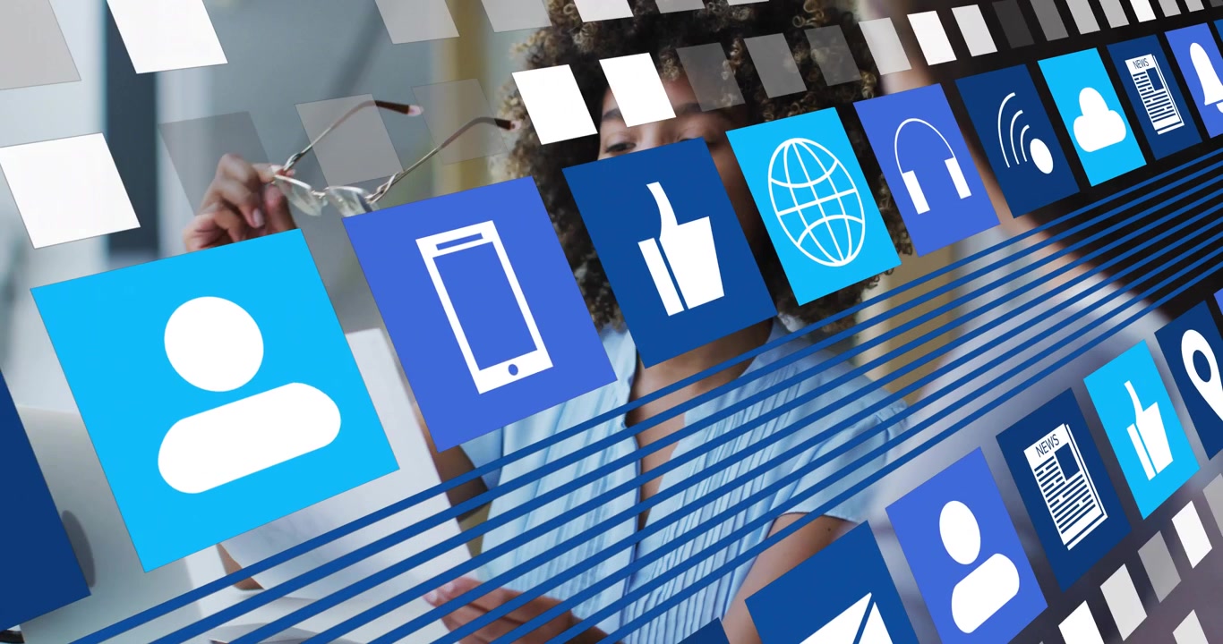 Woman raising glasses while blue app icons sliding from left across foreground, showing tech focus