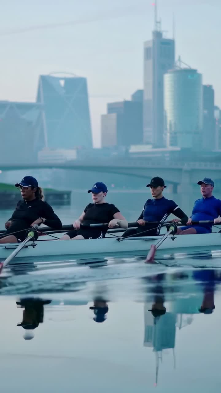 Vertical video: Rowing from recovery four rowers in caps training together on river by bridge, oars