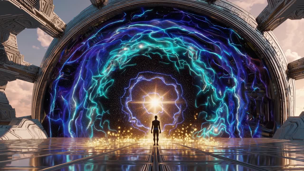 Lone explorer standing before a cosmic portal, revealing a mesmerizing swirling galaxy and vibrant nebulae, with sparks flying around in this captivating digital artwork