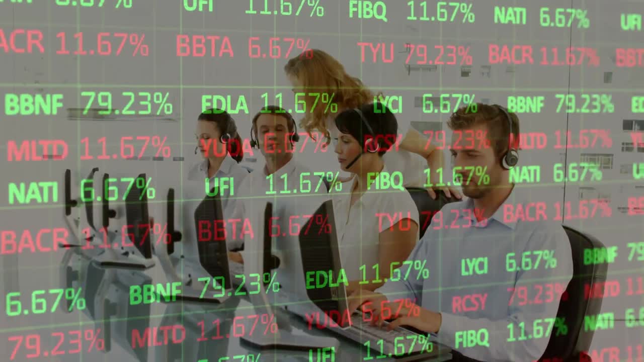 휴대폰 헤드 ⁇ 을 착용한 사업가들에 대한 통계 및 데이터 처리 애니메이션