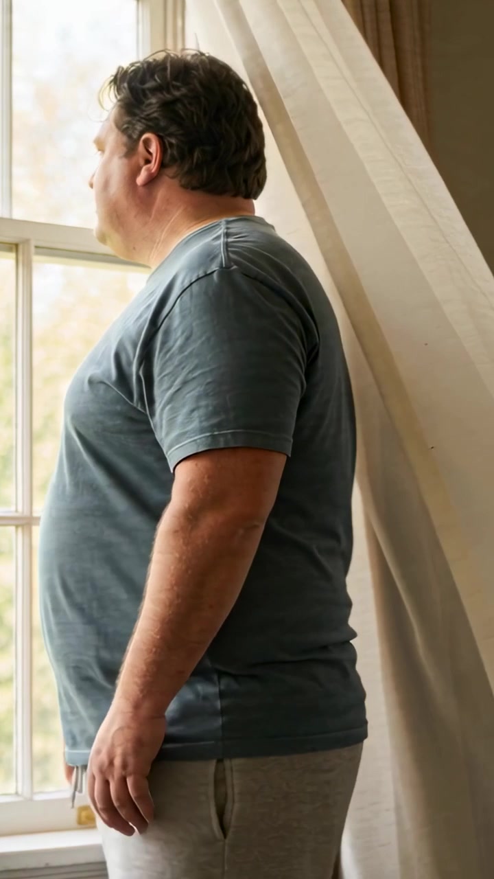 Video verticale: Tenda che si muove, mostrando un uomo con maglietta blu e pantaloni grigi che guarda attraverso la finestra a casa.