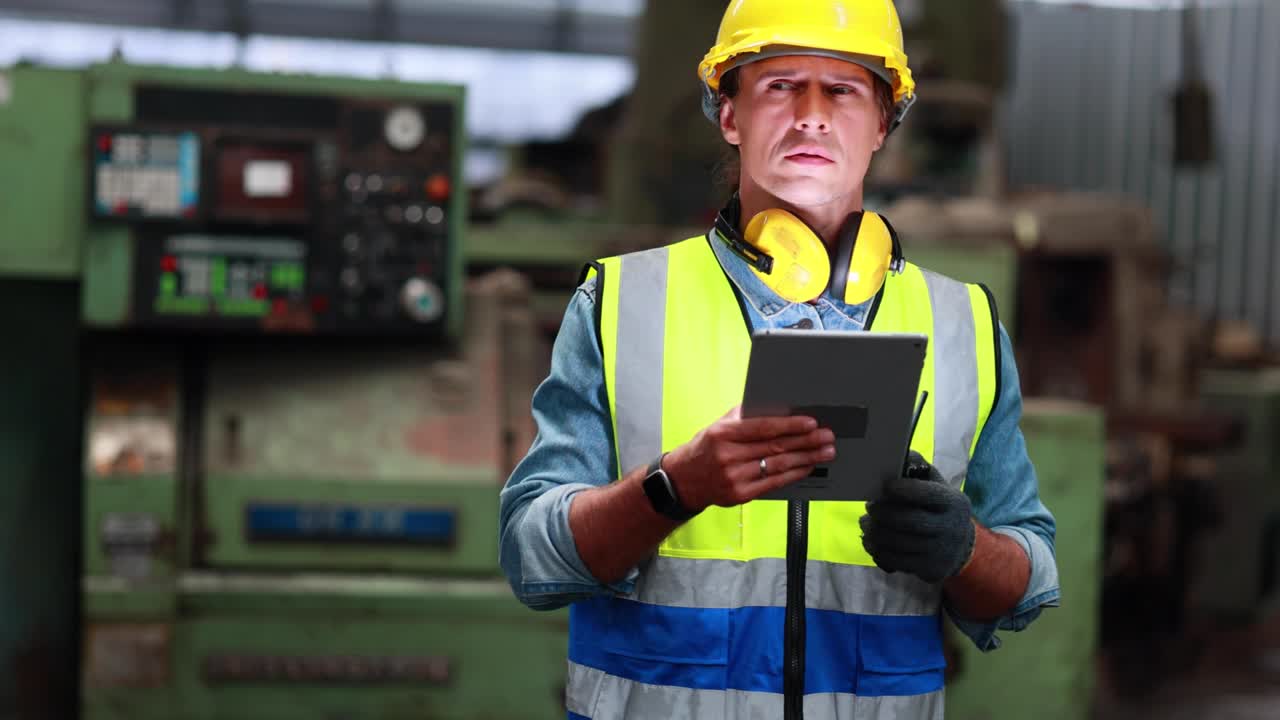 retrato de ingeniero profesional caucásico fábrica. trabajador de ingeniería uso de computadora tablet en seguridad casco duro en instalaciones industriales de la fábrica. fábrica de fabricación de industria pesada