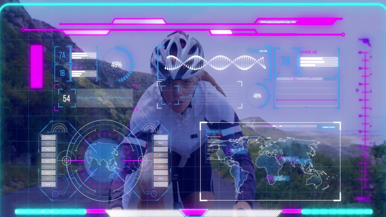 Animation of data processing over caucasian woman cycling