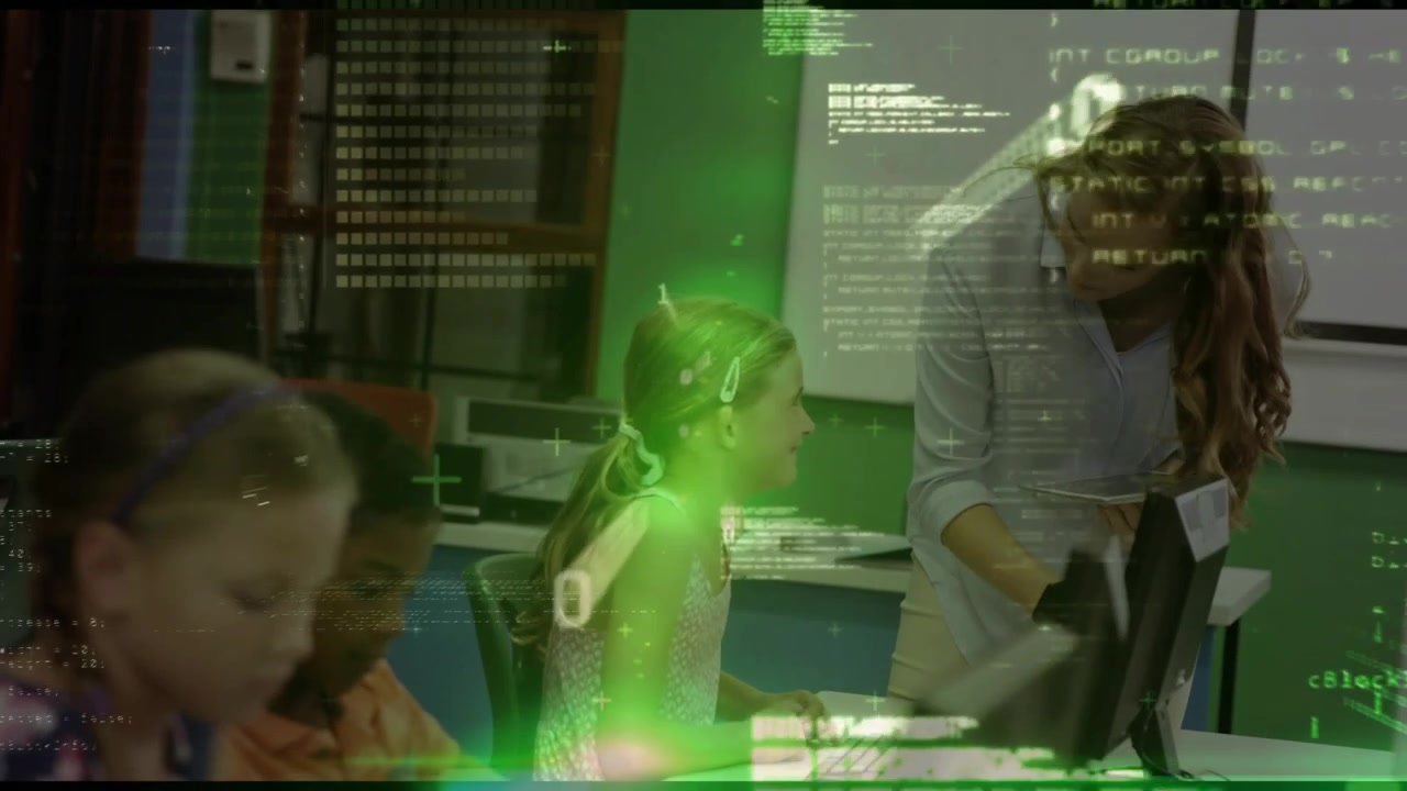 Center girl pausing typing as teacher coming to lab, following code help while green overlay fading