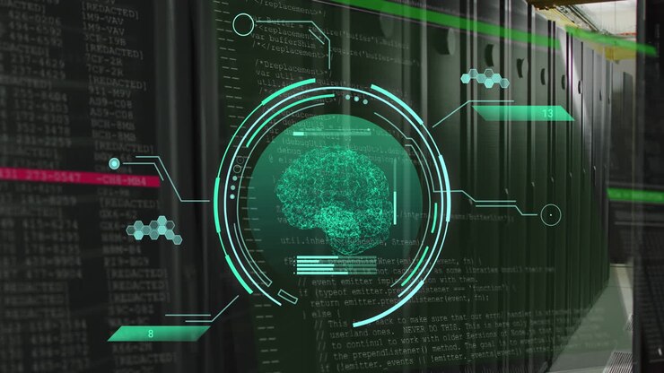 Animation of scope with human brain and data processing over computer servers