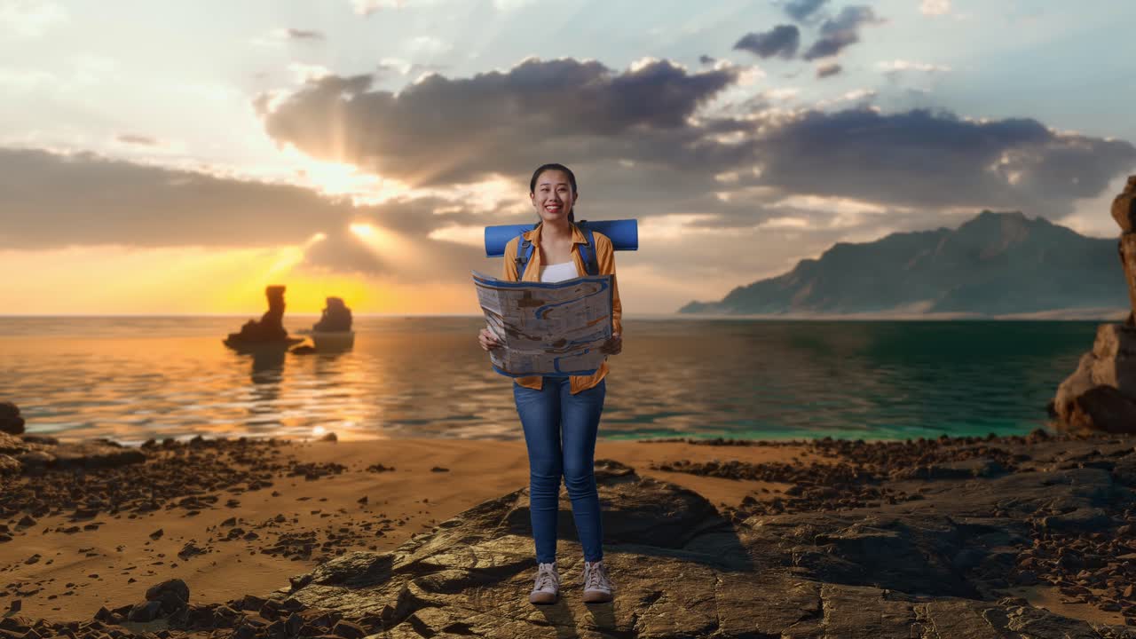 Corpo inteiro de uma alpinista asiática com uma mochila de montanhismo olhando para o mapa e, em seguida, sorrindo para a câmera enquanto está em pé na praia durante o pôr do sol