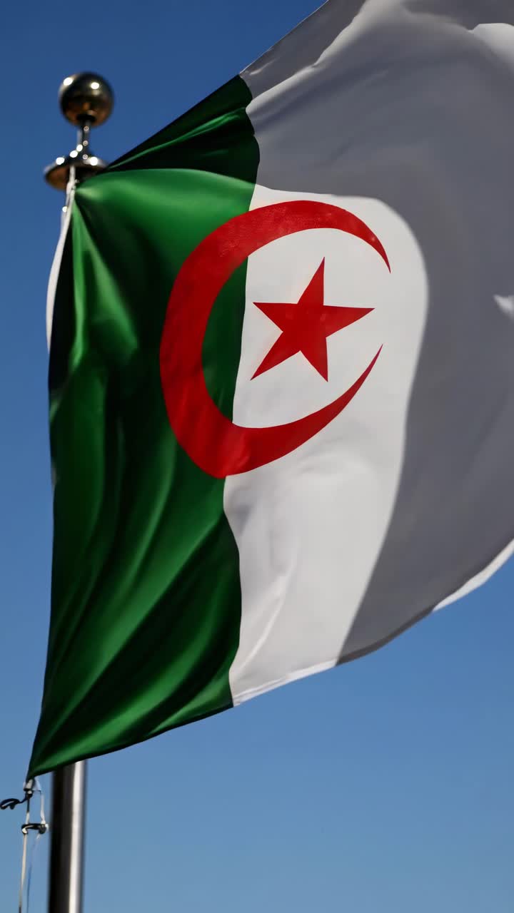 Una ripresa video dal basso della bandiera algerina che sventola contro un cielo azzurro limpido, catturando il vibrante...