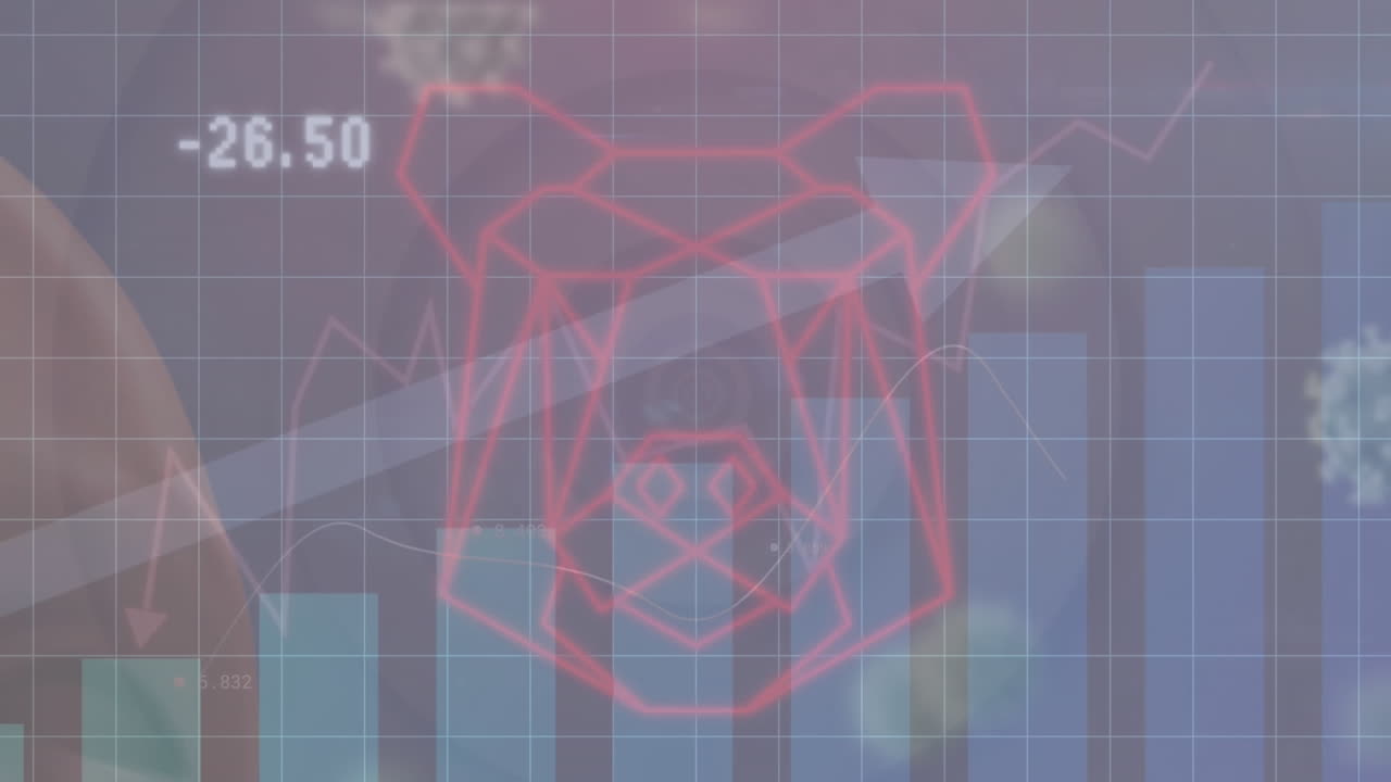 animación de procesamiento de datos estadísticos y células de covid-19 flotando contra el icono de la cara de oso.