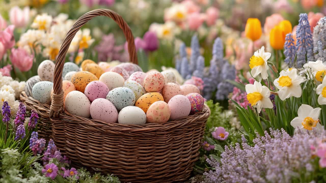 A Colorful Basket of Easter Eggs Surrounded by Blooming Flowers Showcases the Joyful Essence of Spring and Celebrations in Nature's Splendor