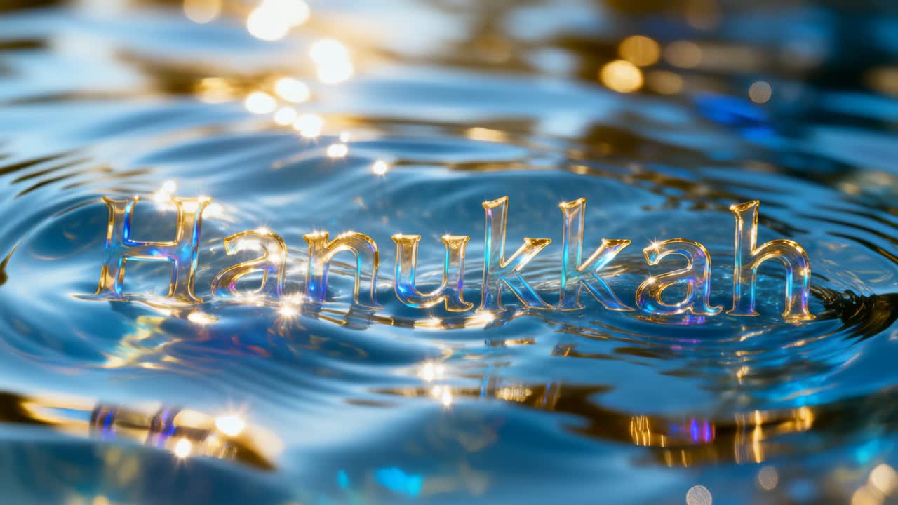 Rippling left water revealing 3D Hanukkah letters refracting in tabletop, showing gold-blue bokeh