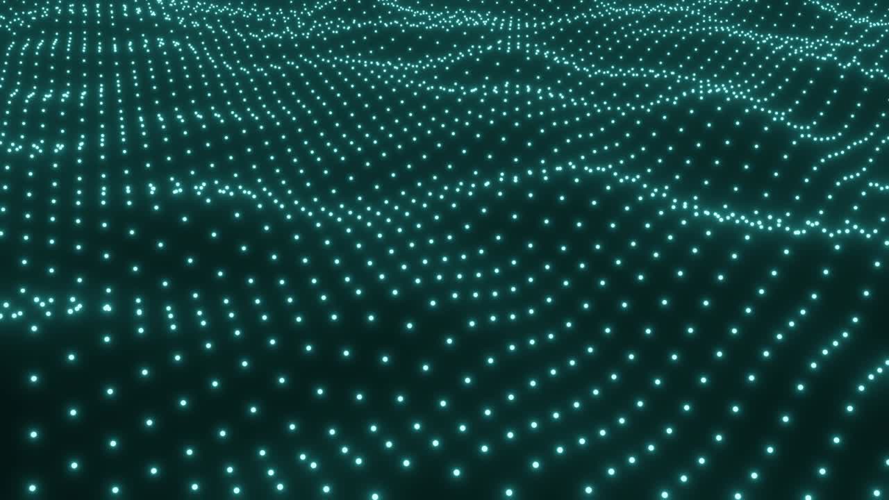 Green surface as futuristic landscape in cyberspace or hologram. 4k seamless loop abstract background of glow particles. Sci-fi theme of microworld, nanotechnology or cosmic space