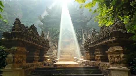 a temple in the middle of a lush green forest