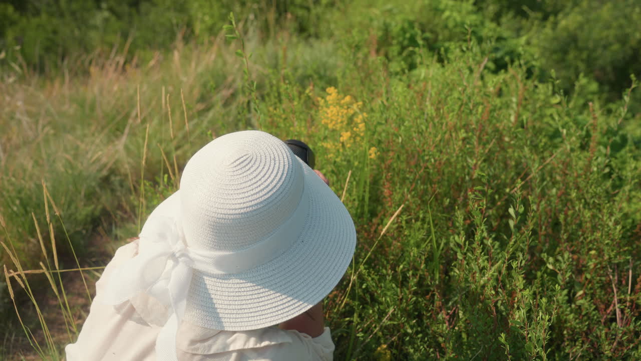 Rear view of woman in wide sunhat bending over to photograph and gently touch wild yellow flowers surrounded by tall grass and dense green vegetation under bright morning sunlight