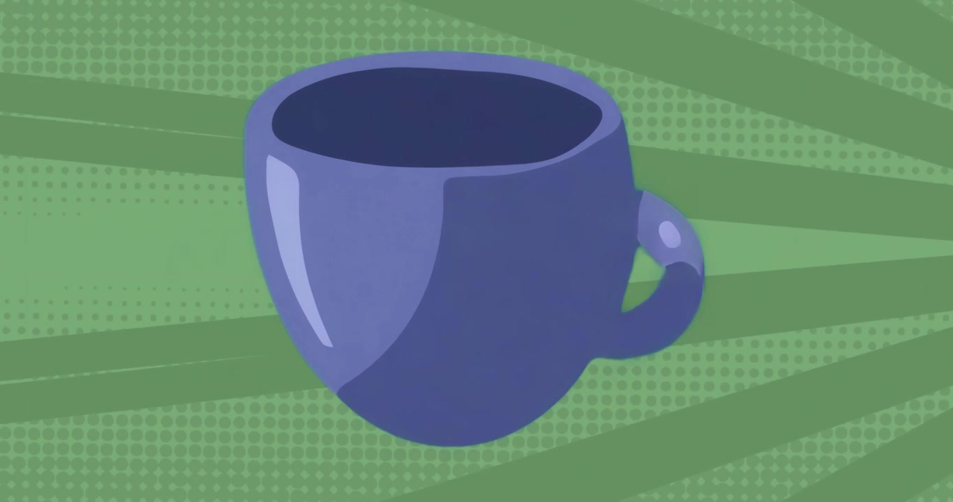 On playback starting blue ceramic cup floating against green radial backdrop rotating in loop