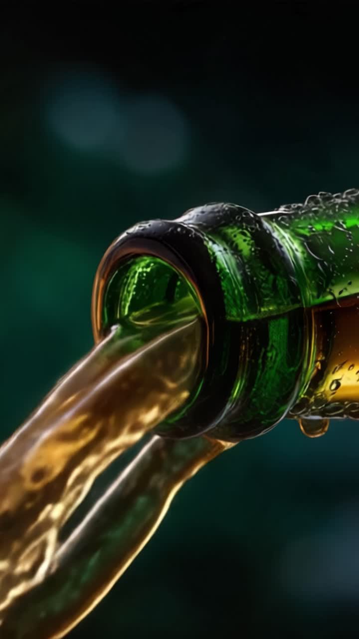 Versamento accattivante: liquido scintillante scende a cascata da una bottiglia verde, evidenziando una rinfrescante bevanda dorata che scorre con goccioline su uno sfondo scuro.