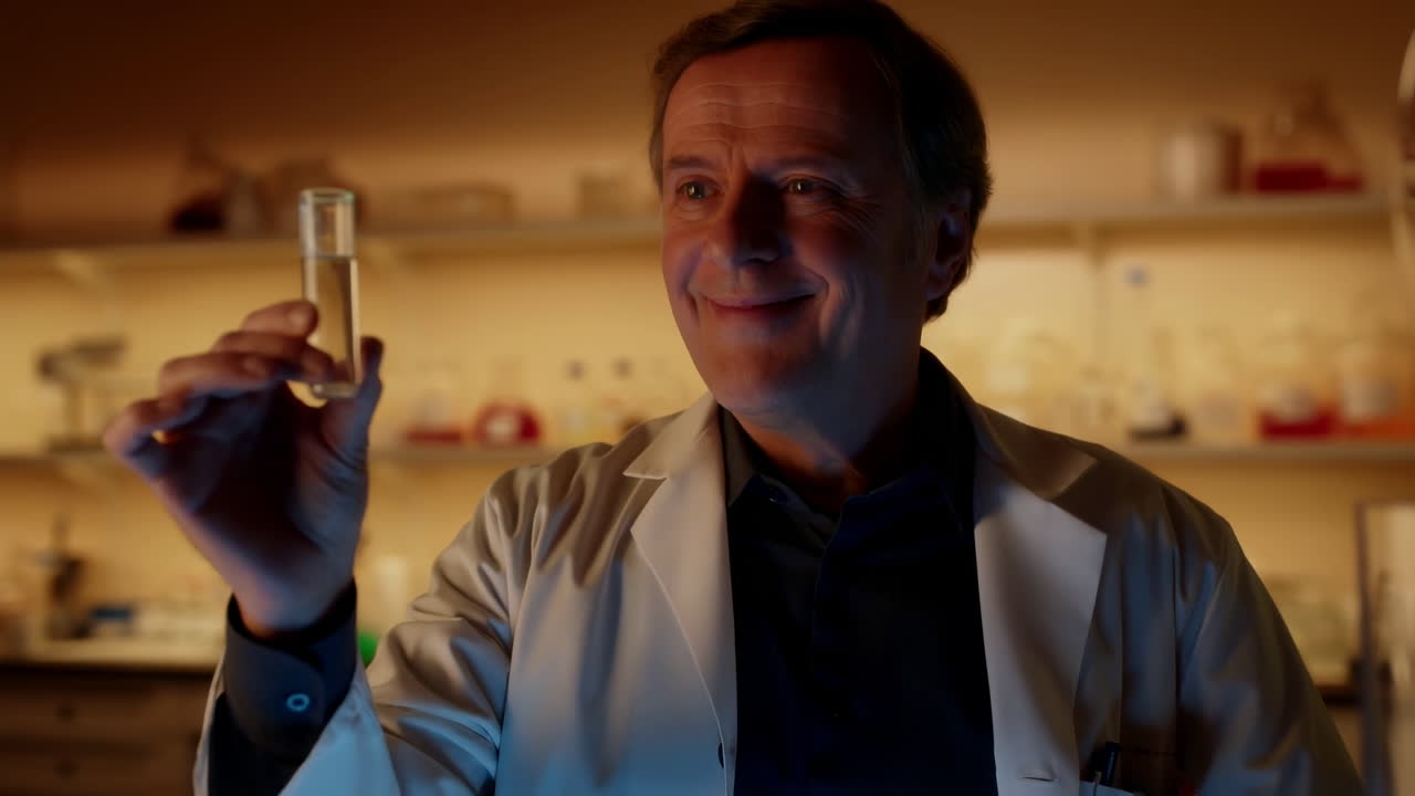 Scienziato caucasico esamina una fiala trasparente sotto una calda illuminazione da laboratorio, scaffali con vetreria, espressione concentrata