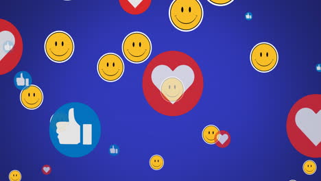 animación de iconos de redes sociales y iconos de emoji sonrientes sobre fondo azul