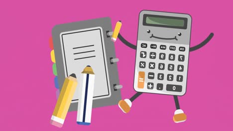 animation of school items with calculator and notebook on pink background