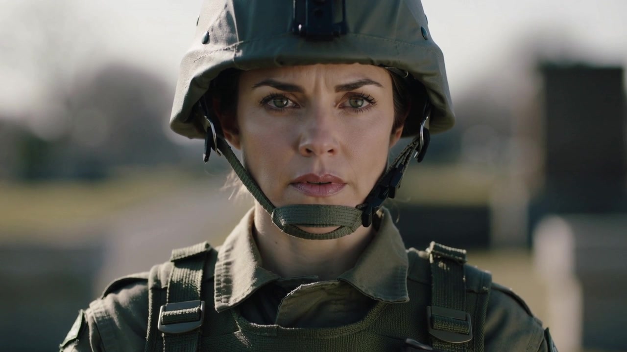 Standing female soldier holding steady on drill command at training field, wearing helmet, vest
