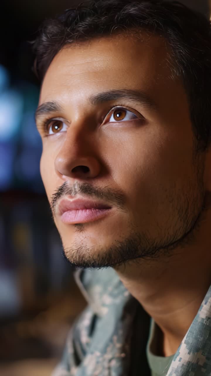 Momento di riflessione: primo piano di un soldato pensieroso che guarda verso l'alto, catturando introspezione e determinazione in un momento di tranquilla contemplazione