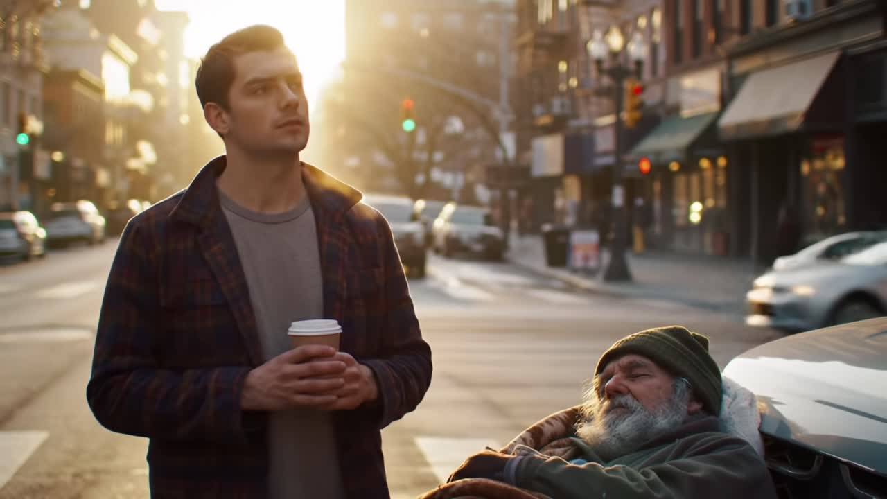A Thoughtful Moment: A Young Man Contemplates Life While a Homeless Man Sleeps Peacefully on a City Street in the Gentle Glow of Sunrise