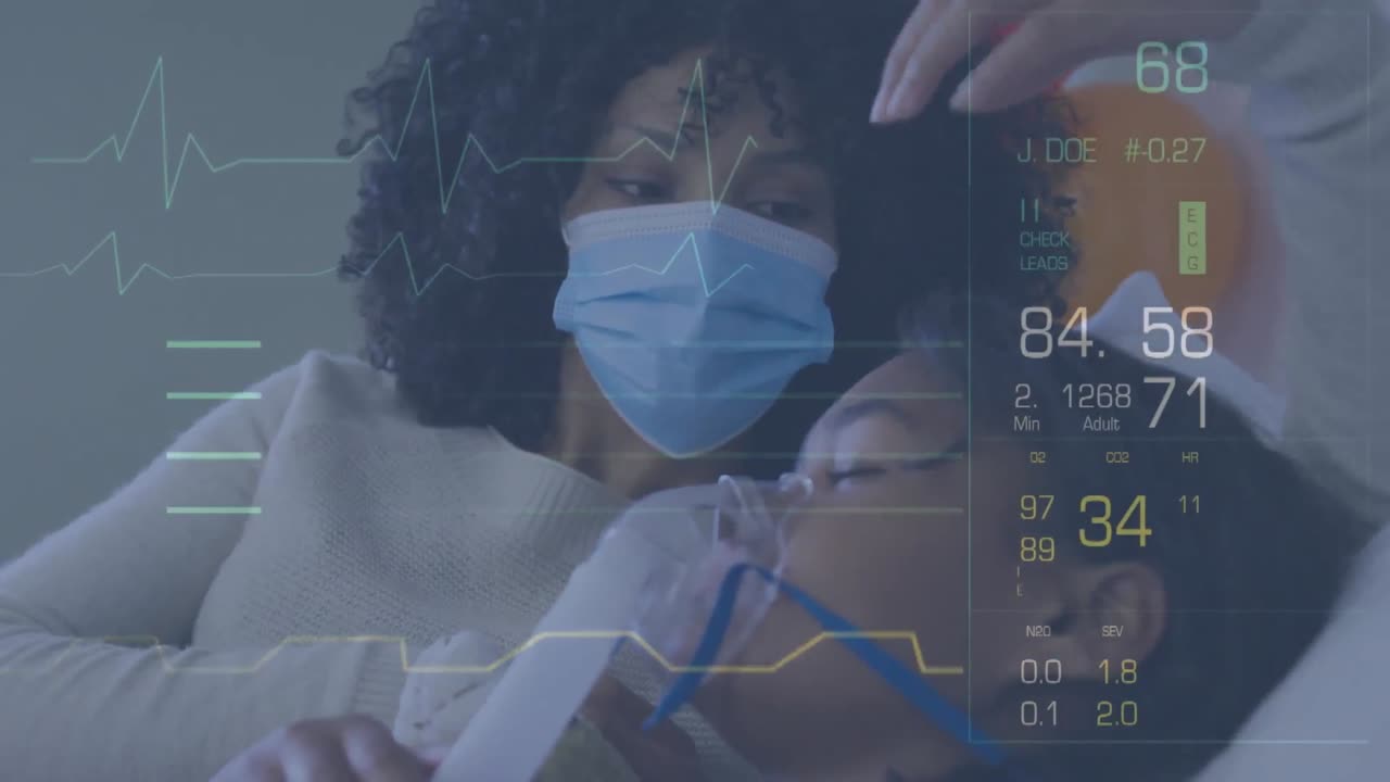 Animation of cardiogram over biracial mother with face mask and her son with oxygen mask