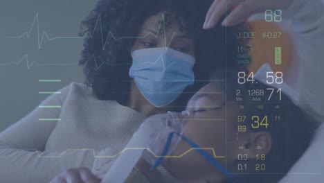 animation of cardiogram over biracial mother with face mask and her son with oxygen mask