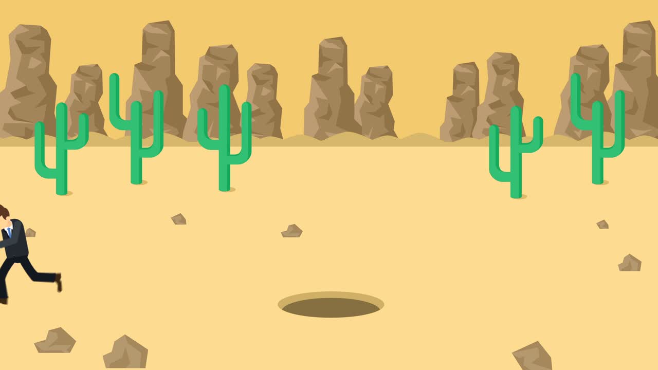 비즈니스맨이 구을 뛰어넘는다. 사막의 배경. 위험 개념. 평평한 스타일의 루프 일러스트레이션.