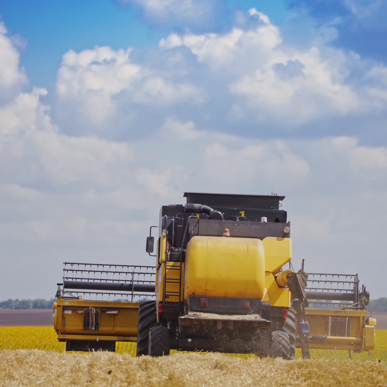 Back view of agricultural machine in work. Contemporary combine harvester farming on the background of yellow field during summer seasonal works.