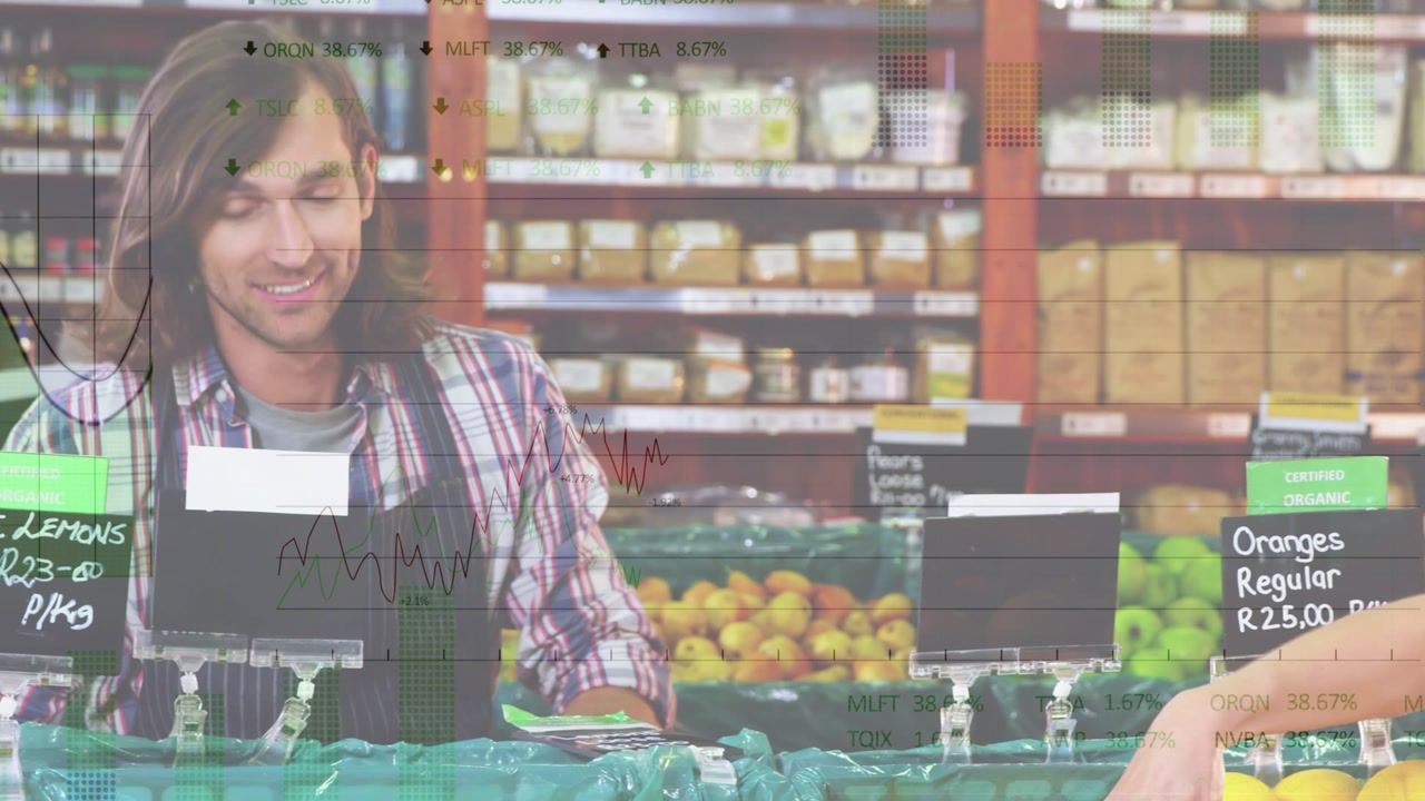 Animation of financial data processing over diverse male and female shop-assistants at supermarket